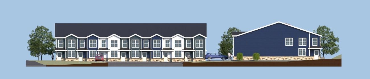 Architectural exterior concept of Norwood Townhomes showing the front and side building elevations