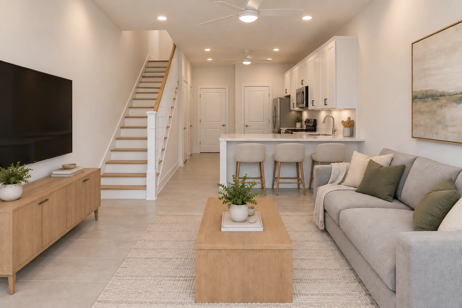Conceptual rendering of the living room, with the staircase and kitchen peninsula beyond
