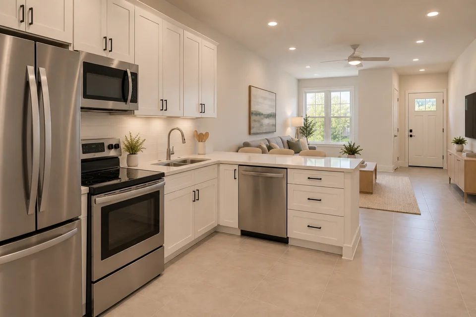 Conceptual kitchen rendering with white cabinets, a peninsula and a view into the living room