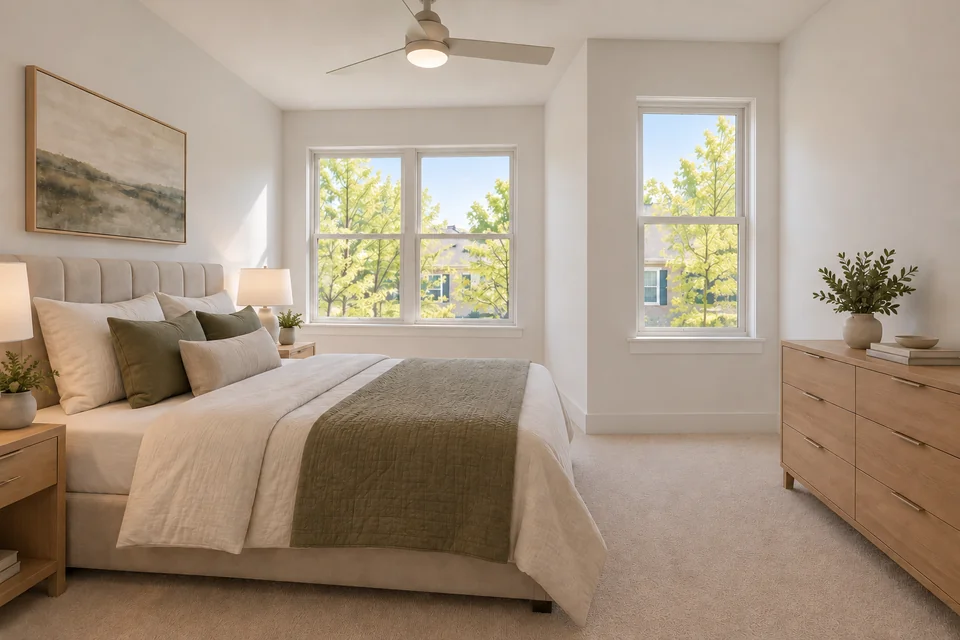 Conceptual primary bedroom with paired front windows, an upholstered bed and neutral finishes