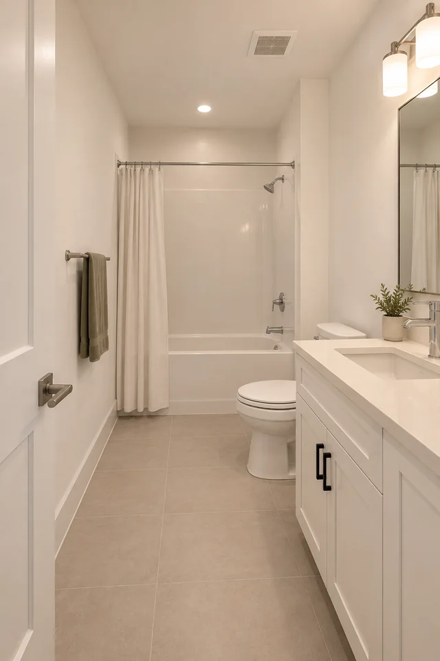 Conceptual primary bathroom with a vanity, toilet and tub