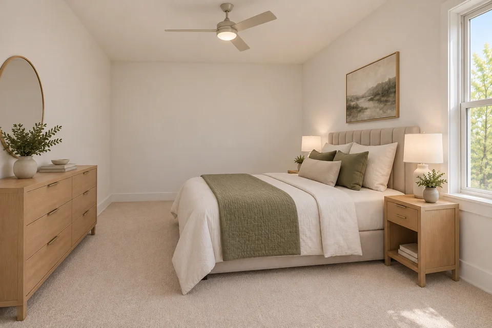 Conceptual rear bedroom with a side window and a neutral upholstered bed